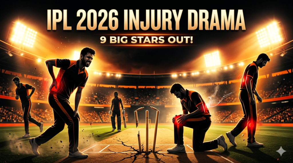 Dramatic IPL 2026 poster showing injured cricket players in a stadium with red highlights on back, knee, and legs, symbolizing multiple star players ruled out before the tournament