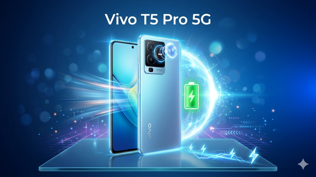 Vivo T5 Pro 5G smartphone with 9020 mAh battery, AMOLED display, and premium design in blue gradient background