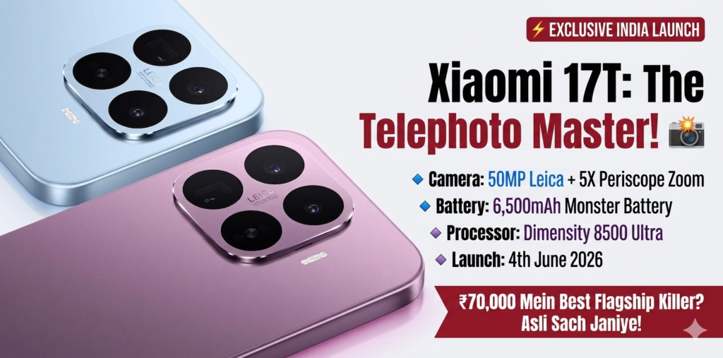 Xiaomi 17T India Launch and Telephoto Master featured image showing two phones in Blue and Violet colors with Leica camera module for India launch blog.